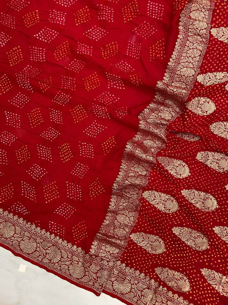 Pure Georgette Banarasi Bandhej Handloom Saree - Water Zari - The Handlooms