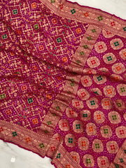 Pure Georgette Banarasi Bandhej Handloom Saree - Meenakari - The Handlooms