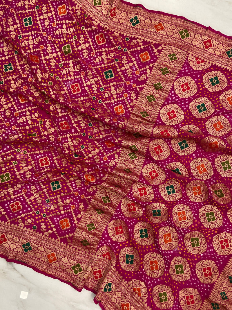 Pure Georgette Banarasi Bandhej Handloom Saree - Meenakari - The Handlooms