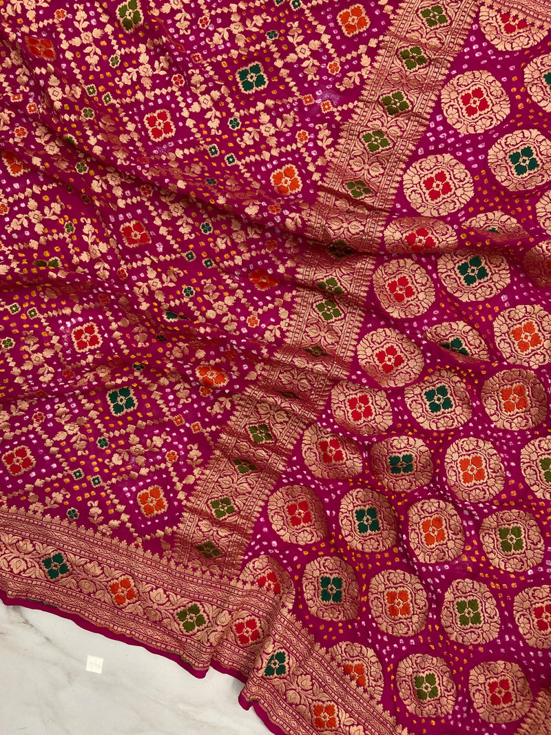 Pure Georgette Banarasi Bandhej Handloom Saree - Meenakari - The Handlooms