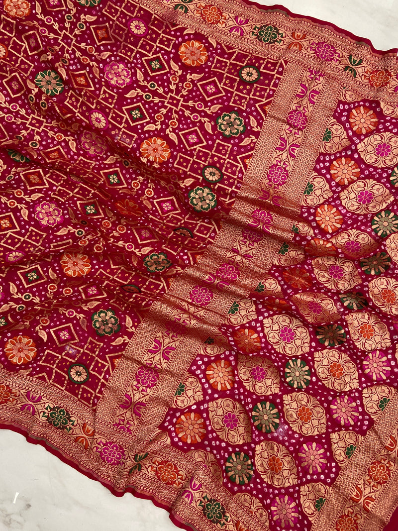Pure Georgette Banarasi Bandhej Handloom Saree - Meenakari - The Handlooms