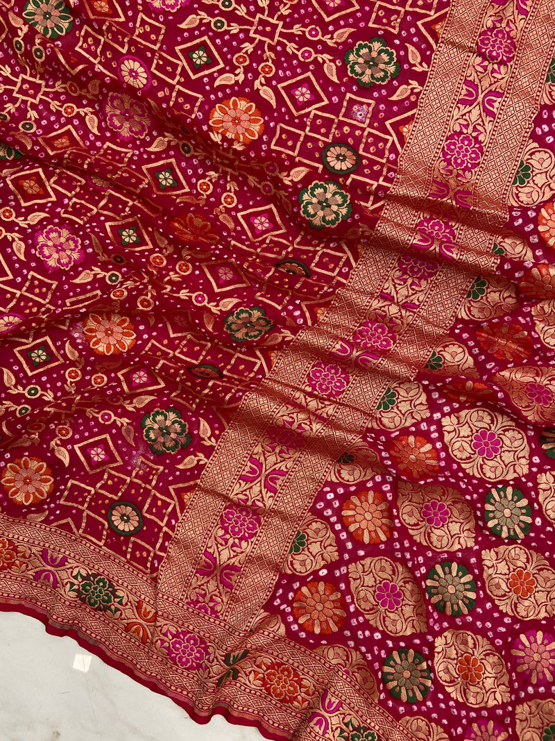 Pure Georgette Banarasi Bandhej Handloom Saree - Meenakari - The Handlooms