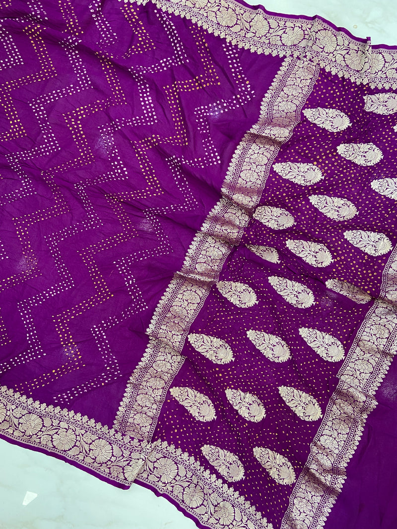 Pure Georgette Banarasi Bandhej Handloom Saree - Water Zari - The Handlooms