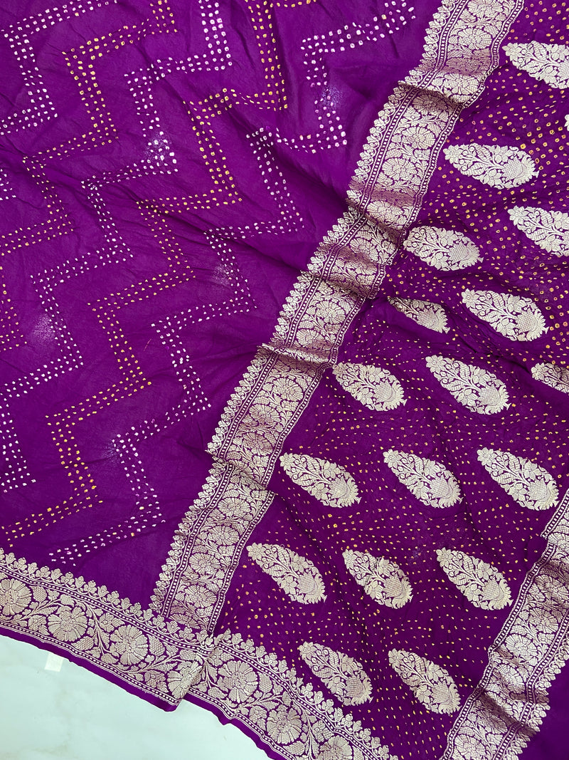Pure Georgette Banarasi Bandhej Handloom Saree - Water Zari - The Handlooms