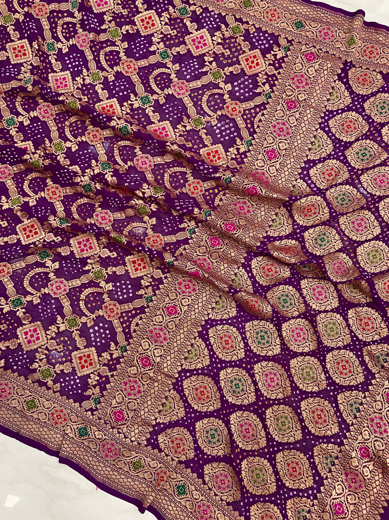 Pure Georgette Banarasi Bandhej Handloom Saree - Meenakari - The Handlooms