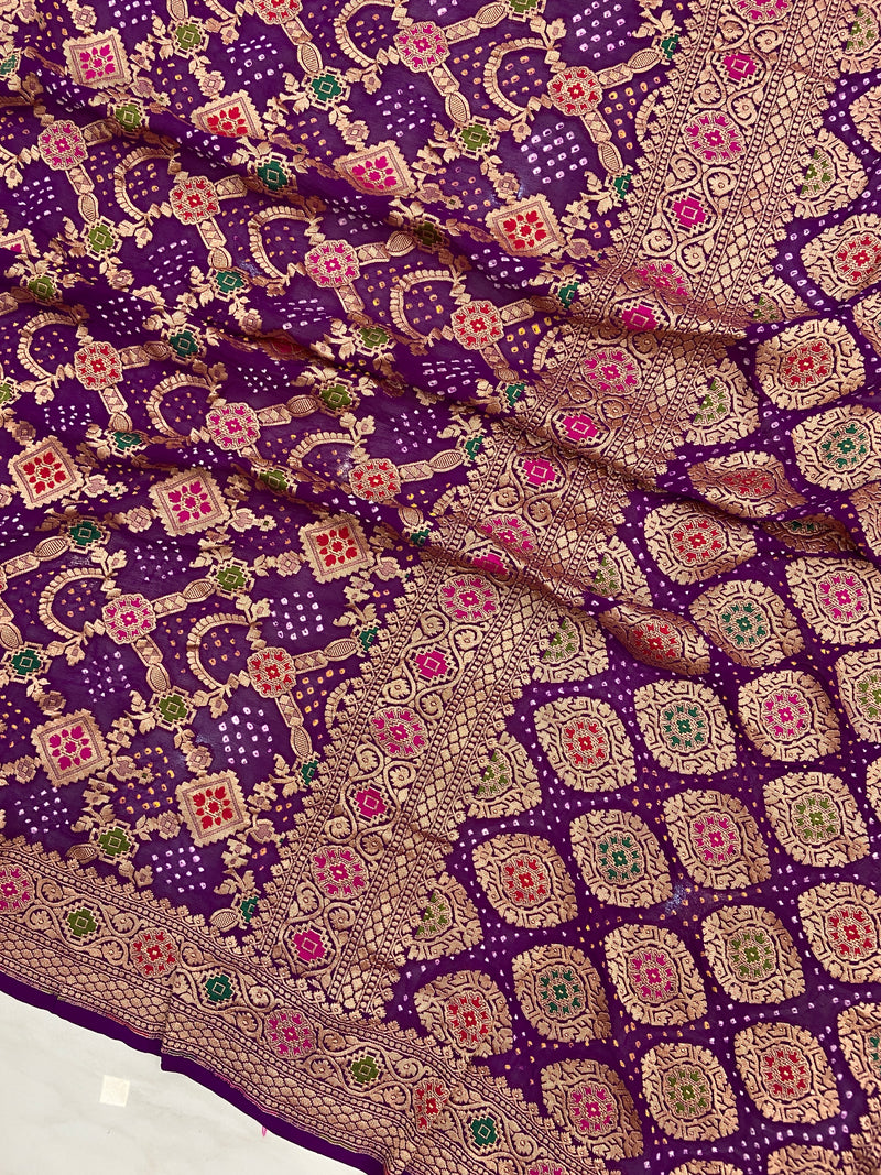 Pure Georgette Banarasi Bandhej Handloom Saree - Meenakari - The Handlooms