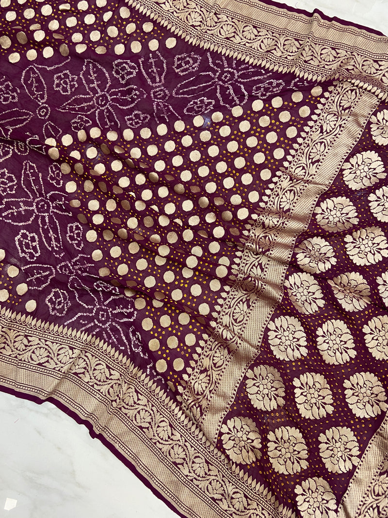 Pure Georgette Banarasi Bandhej Handloom Saree - Water Zari - The Handlooms