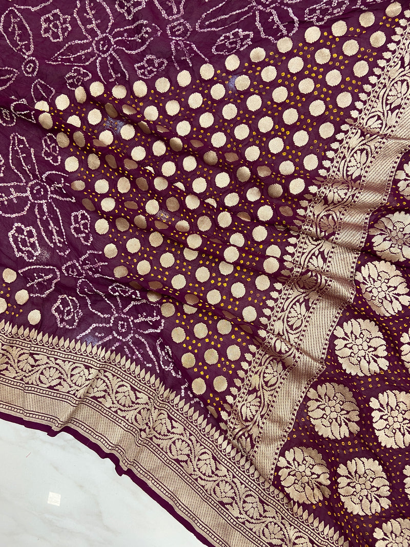 Pure Georgette Banarasi Bandhej Handloom Saree - Water Zari - The Handlooms