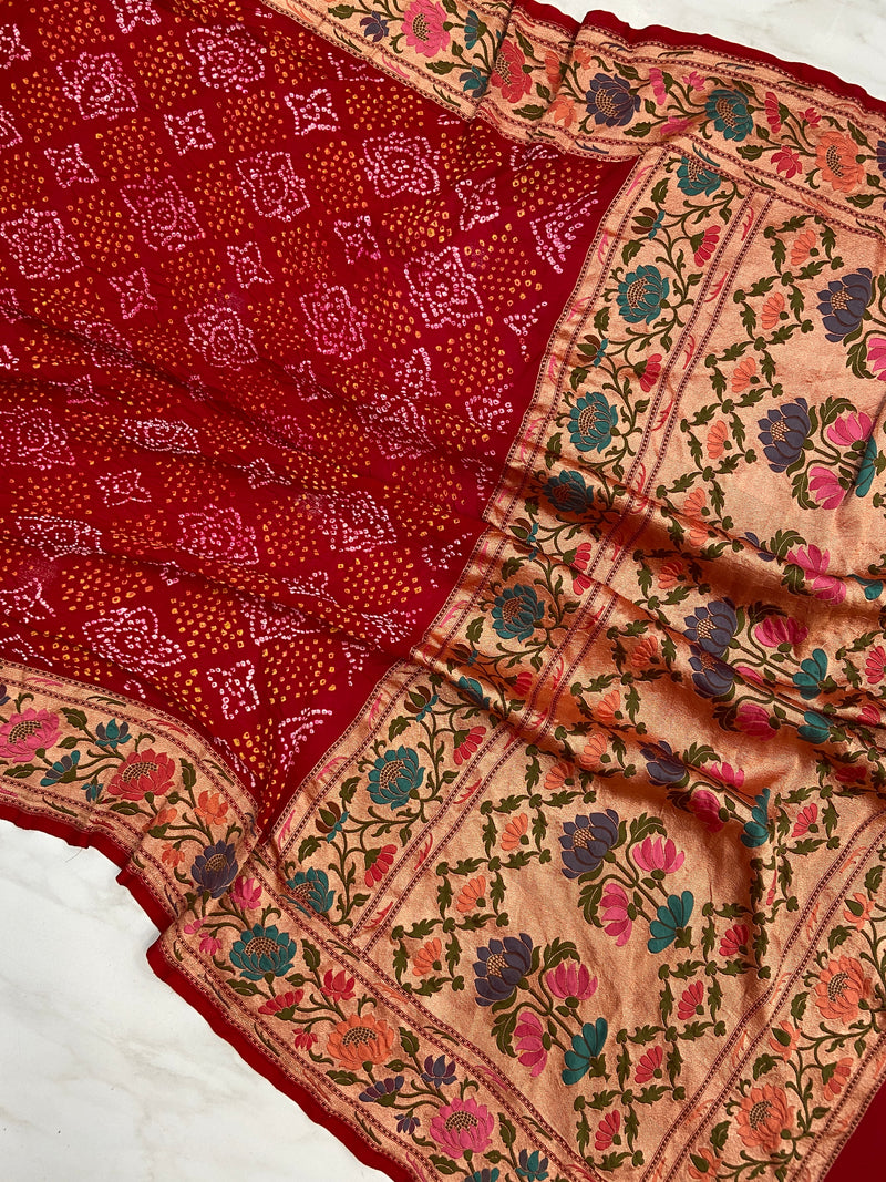 Pure Georgette Banarasi Bandhej Handloom Saree - Tilfi Meenakari - The Handlooms