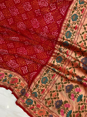 Pure Georgette Banarasi Bandhej Handloom Saree - Tilfi Meenakari - The Handlooms