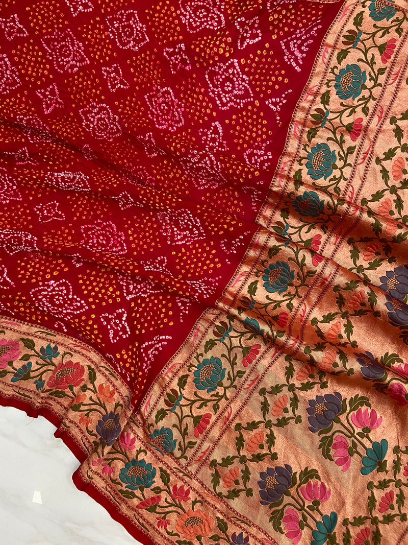 Pure Georgette Banarasi Bandhej Handloom Saree - Tilfi Meenakari - The Handlooms