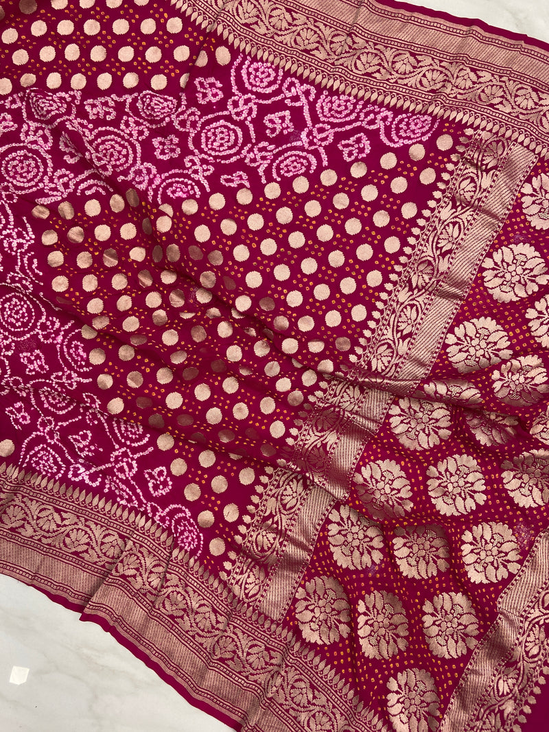 Pure Georgette Banarasi Bandhej Handloom Saree - Water Zari - The Handlooms