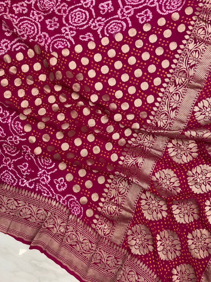 Pure Georgette Banarasi Bandhej Handloom Saree - Water Zari - The Handlooms