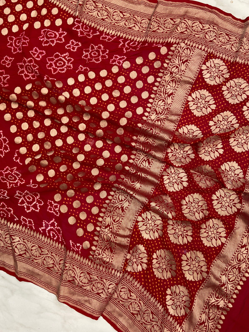 Pure Georgette Banarasi Bandhej Handloom Saree - Water Zari - The Handlooms