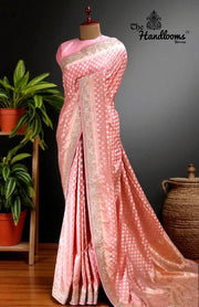 Pink Pure Katan Silk Banarasi Handloom Saree with Zardozi Gota Patti Handwork - The Handlooms