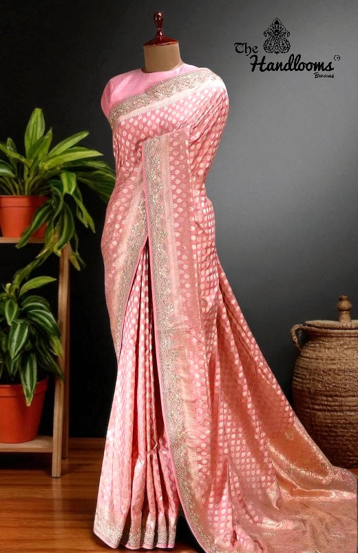 Pink Pure Katan Silk Banarasi Handloom Saree with Zardozi Gota Patti Handwork - The Handlooms