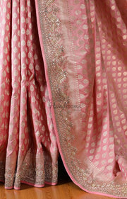 Pink Pure Katan Silk Banarasi Handloom Saree with Zardozi Gota Patti Handwork - The Handlooms