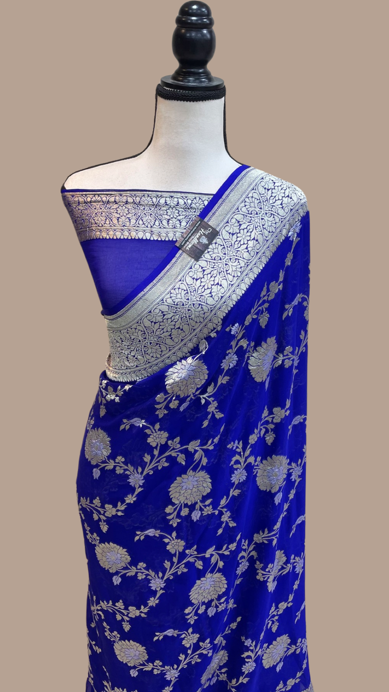 Pure Khaddi Georgette Handloom Banarasi Saree - All over sona roopa Jaal Work - The Handlooms