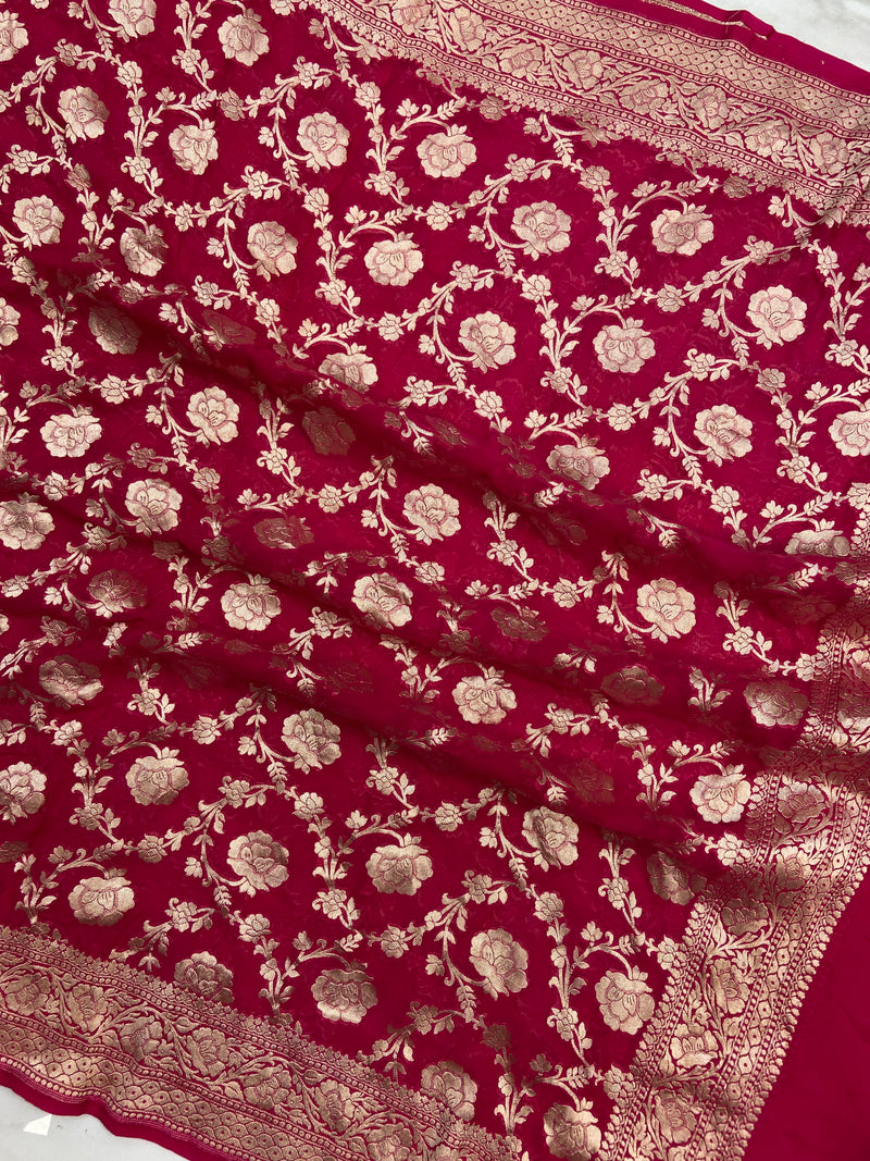 Hot Pink Pure Khaddi Georgette Handloom Dupatta - The Handlooms