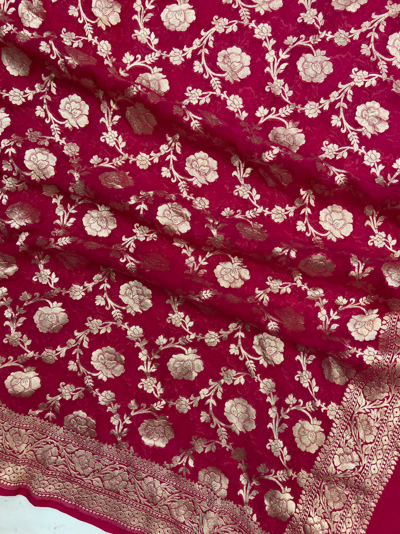 Hot Pink Pure Khaddi Georgette Handloom Dupatta - The Handlooms