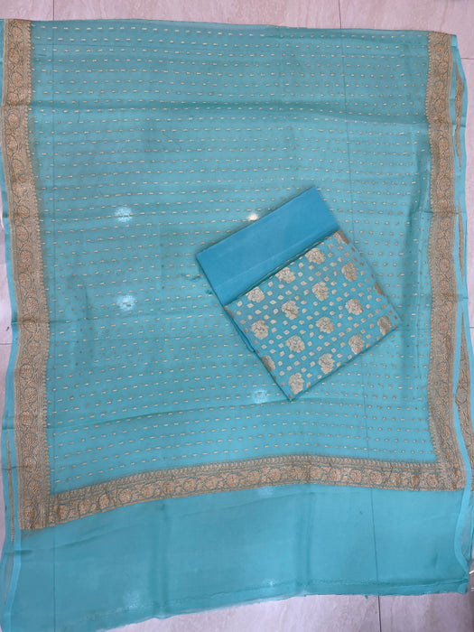 Aqua Blue Pure Khaddi Georgette Banarasi Dress material - The Handlooms
