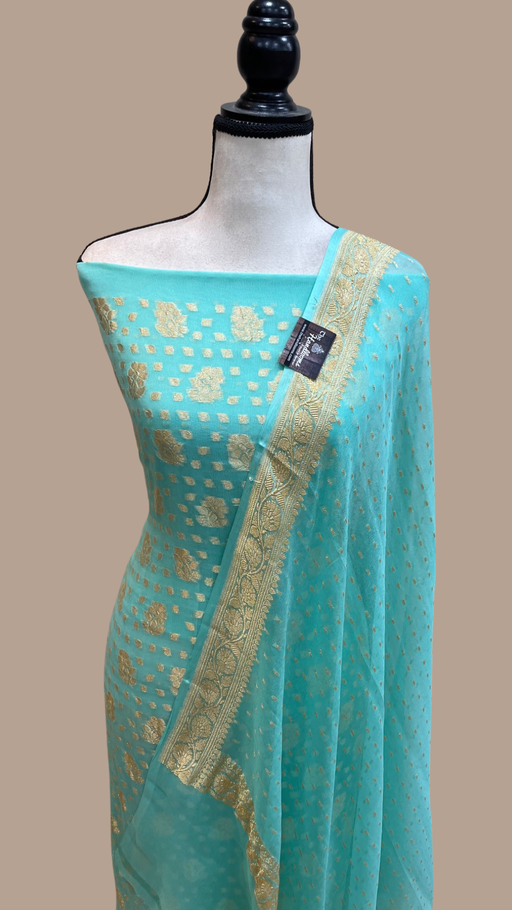 Aqua Blue Pure Khaddi Georgette Banarasi Dress material - The Handlooms