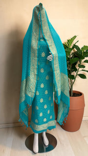 Aqua Blue Pure Khaddi Georgette Banarasi Dress material - The Handlooms