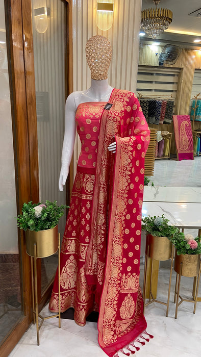 Pure Khaddi Georgette Handloom Banarasi Lehenga - Stitched