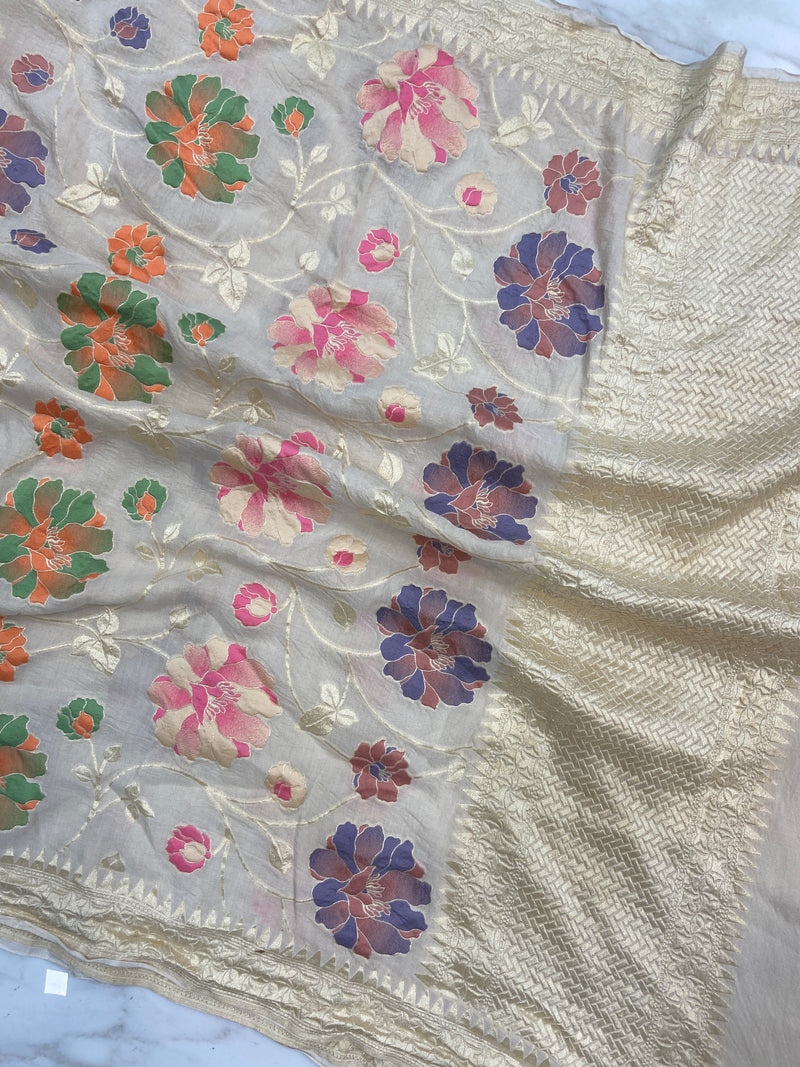 Pure Moonga Georgette Handloom Dupatta - Tilfi Meenakari - The Handlooms