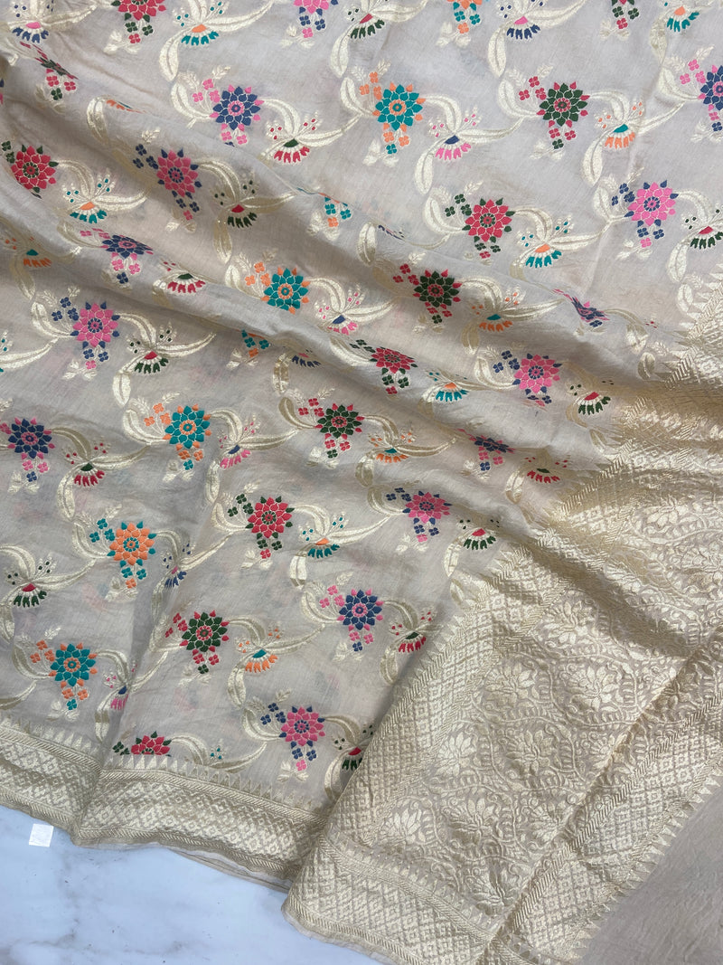 Pure Moonga Georgette Handloom Dupatta - Tilfi Meenakari - The Handlooms