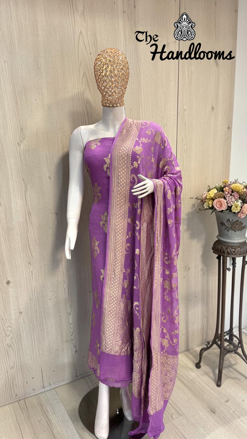 Pure Khaddi Georgette Handloom Banarasi Dress Material Water Zari - The Handlooms