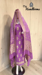 Pure Khaddi Georgette Handloom Banarasi Dress Material Water Zari - The Handlooms