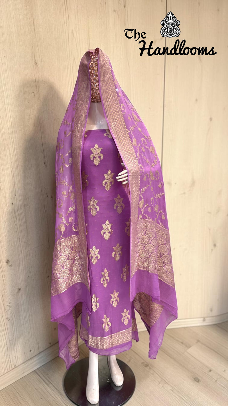 Pure Khaddi Georgette Handloom Banarasi Dress Material Water Zari - The Handlooms