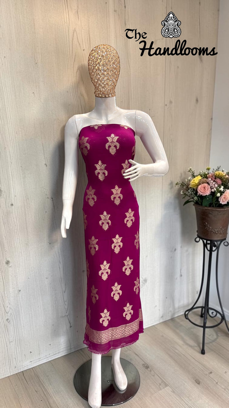 Pure Khaddi Georgette Handloom Banarasi Dress Material Water Zari - The Handlooms