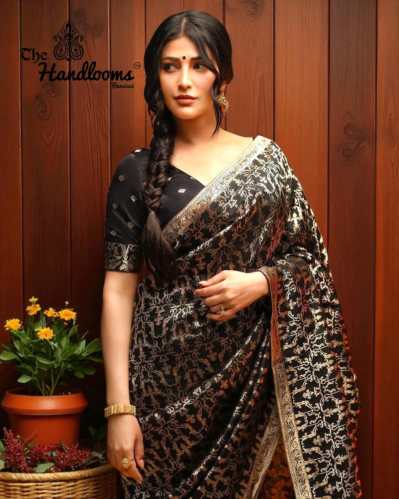 Shruti Hassan in Pure Katan Silk Banarasi Handloom Saree - All Over Jaal Work - The Handlooms