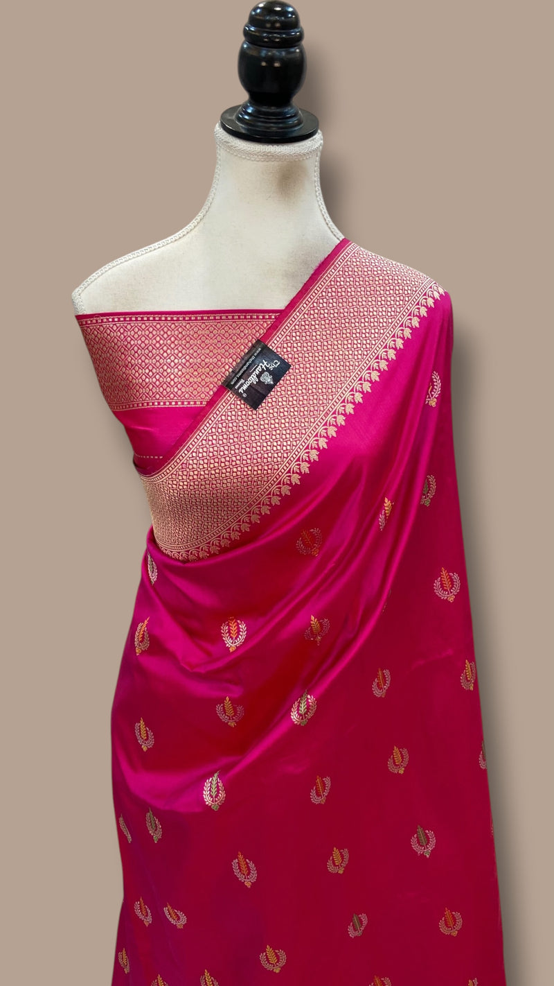 Hot Pink Pure Katan Silk Banarasi Handloom Saree - All Over Sona Roopa Kadua Motifs