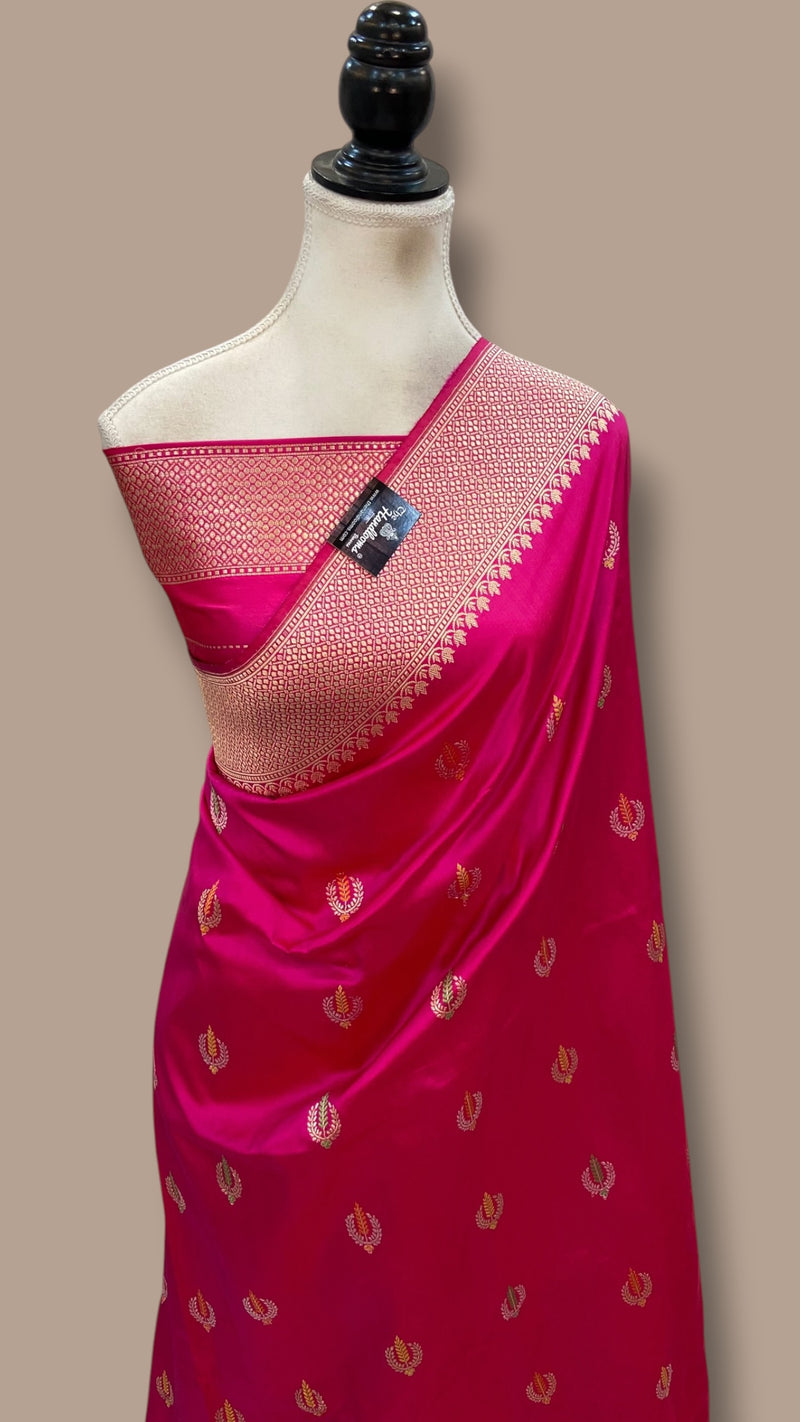 Hot Pink Pure Katan Silk Banarasi Handloom Saree - All Over Sona Roopa Kadua Motifs