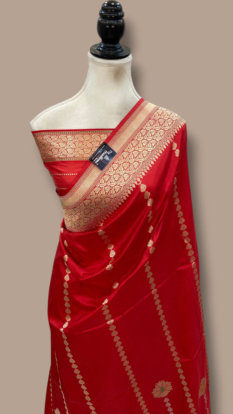 Red Pure Katan Silk Banarasi Handloom Saree - All Over Kadua Stripe