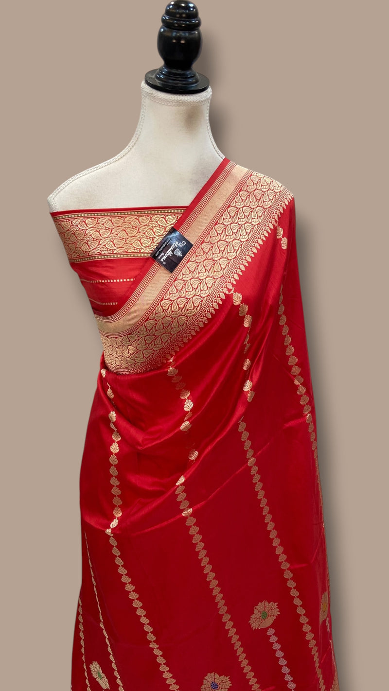Red Pure Katan Silk Banarasi Handloom Saree - All Over Kadua Stripe