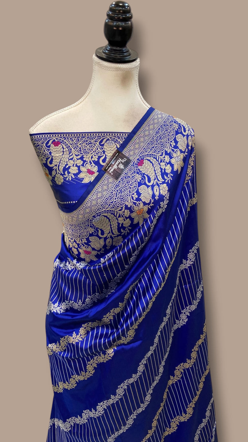 Royal Blue Pure Katan Silk Banarasi Handloom Saree - All Over Kadiyal Jaal Work