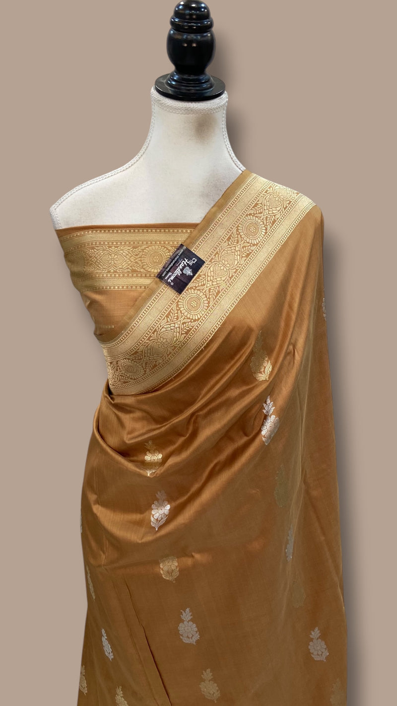 Golden Brown Pure Katan Silk Banarasi Handloom Saree - All Over Sona Roopa Kadua Motifs