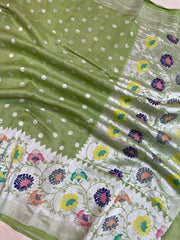 Pure Tussar Georgette Handloom Banarasi Saree - Paithani Border - The Handlooms