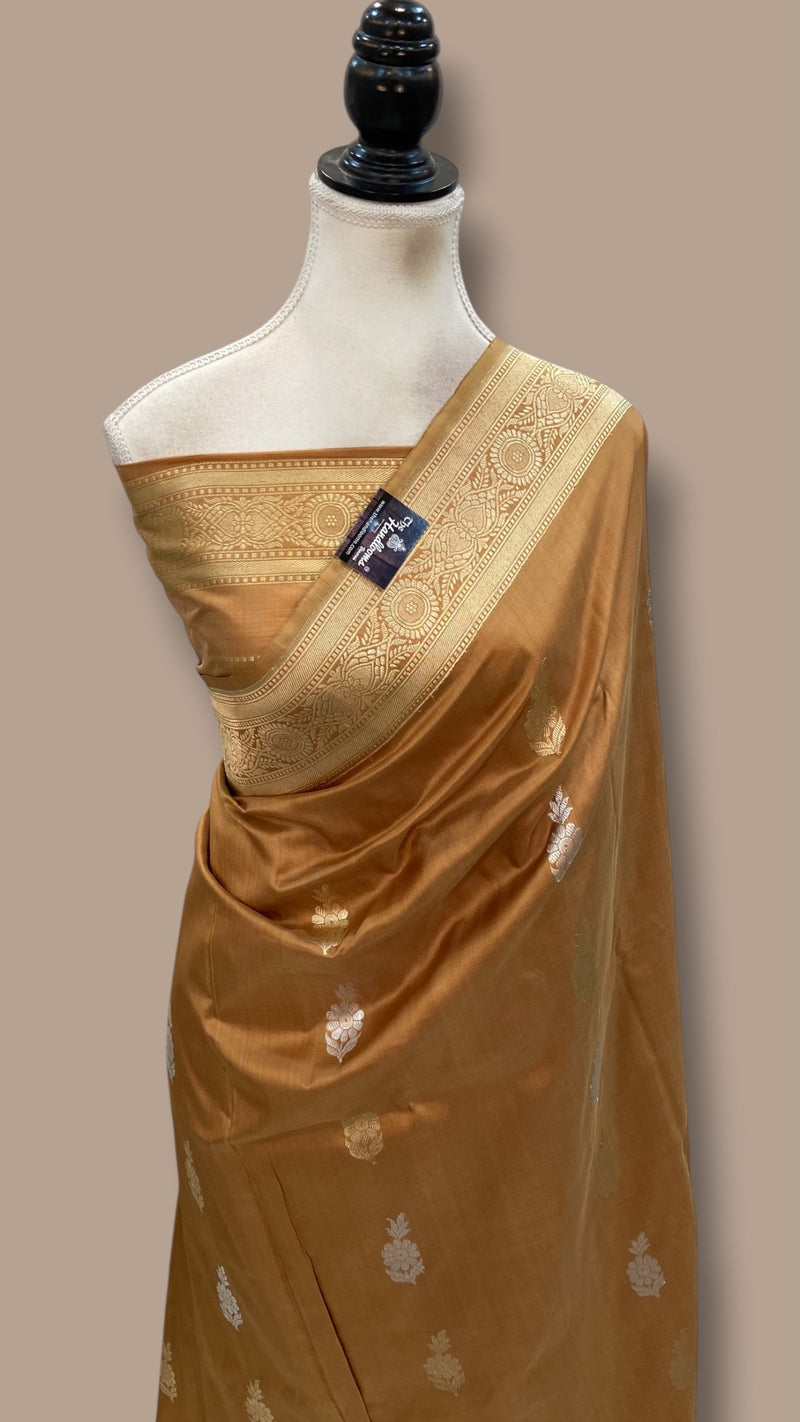 Golden Brown Pure Katan Silk Banarasi Handloom Saree - All Over Sona Roopa Kadua Motifs