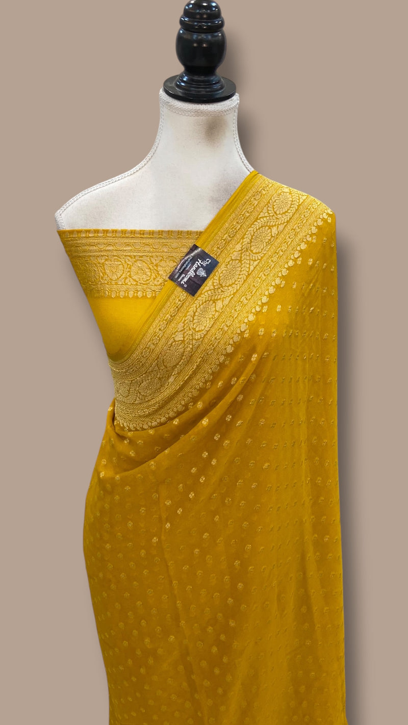 Mustard Yellow Pure Khaddi Georgette Handloom Banarasi Saree