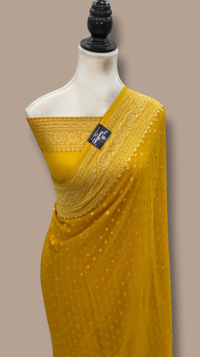 Mustard Yellow Pure Khaddi Georgette Handloom Banarasi Saree
