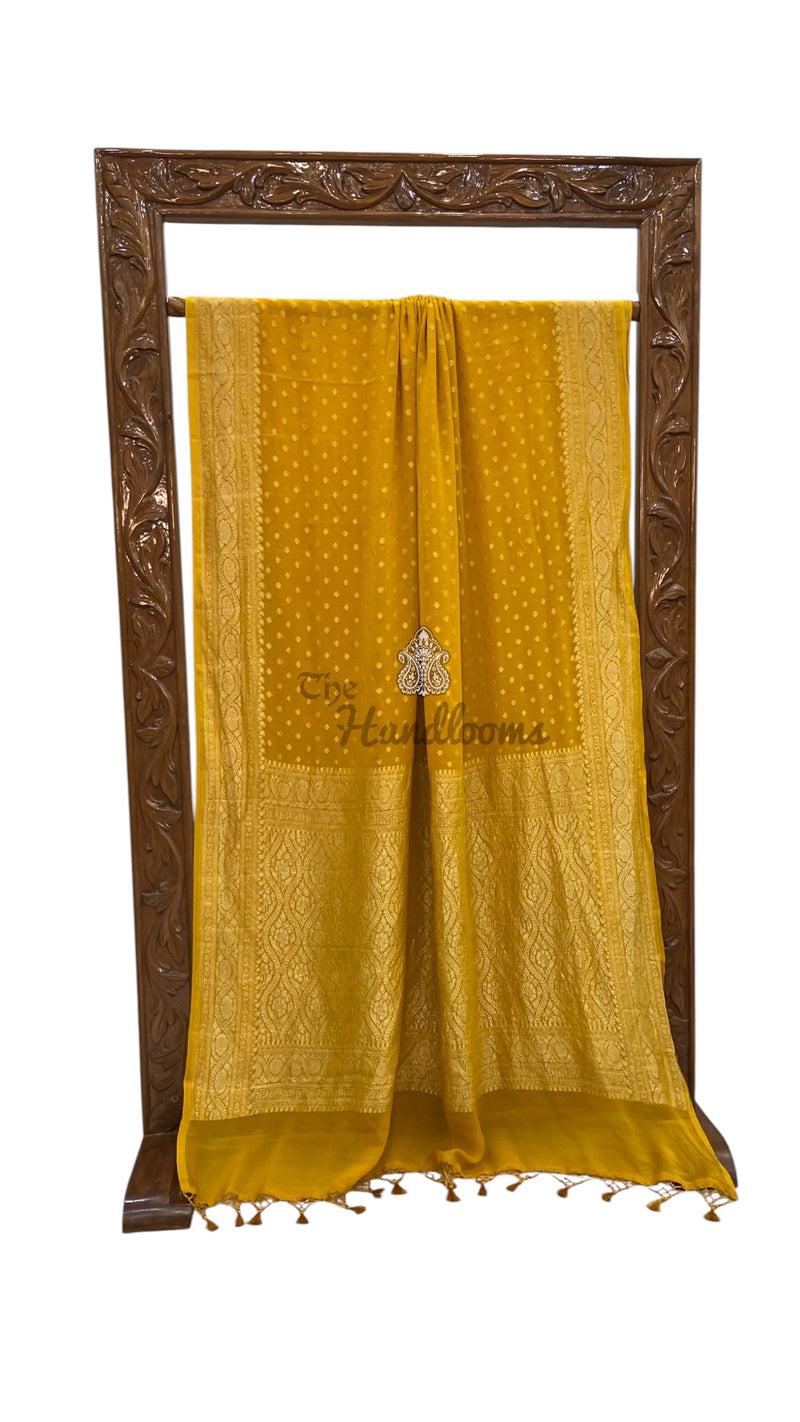 Mustard Yellow Pure Khaddi Georgette Handloom Banarasi Saree