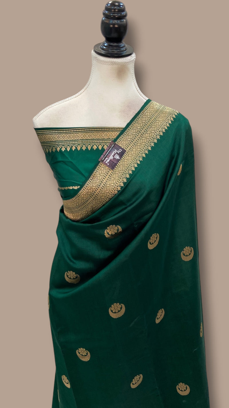 Green Pure Katan Silk Banarasi Handloom Saree - All over Kadua motifs