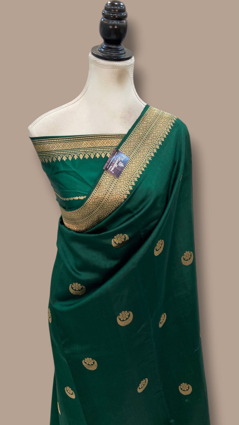 Green Pure Katan Silk Banarasi Handloom Saree - All over Kadua motifs