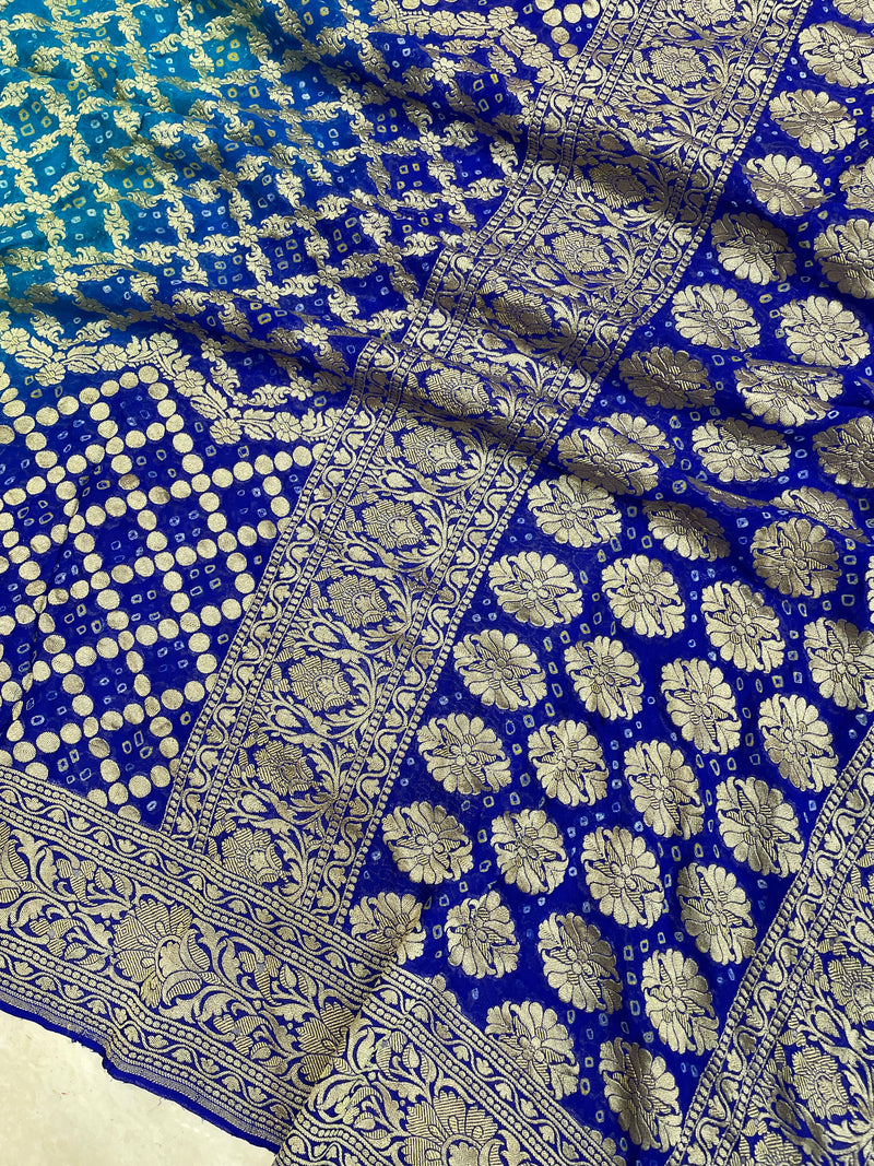 Pure Georgette Banarasi Bandhej Handloom Dupatta - Dual Shade - The Handlooms