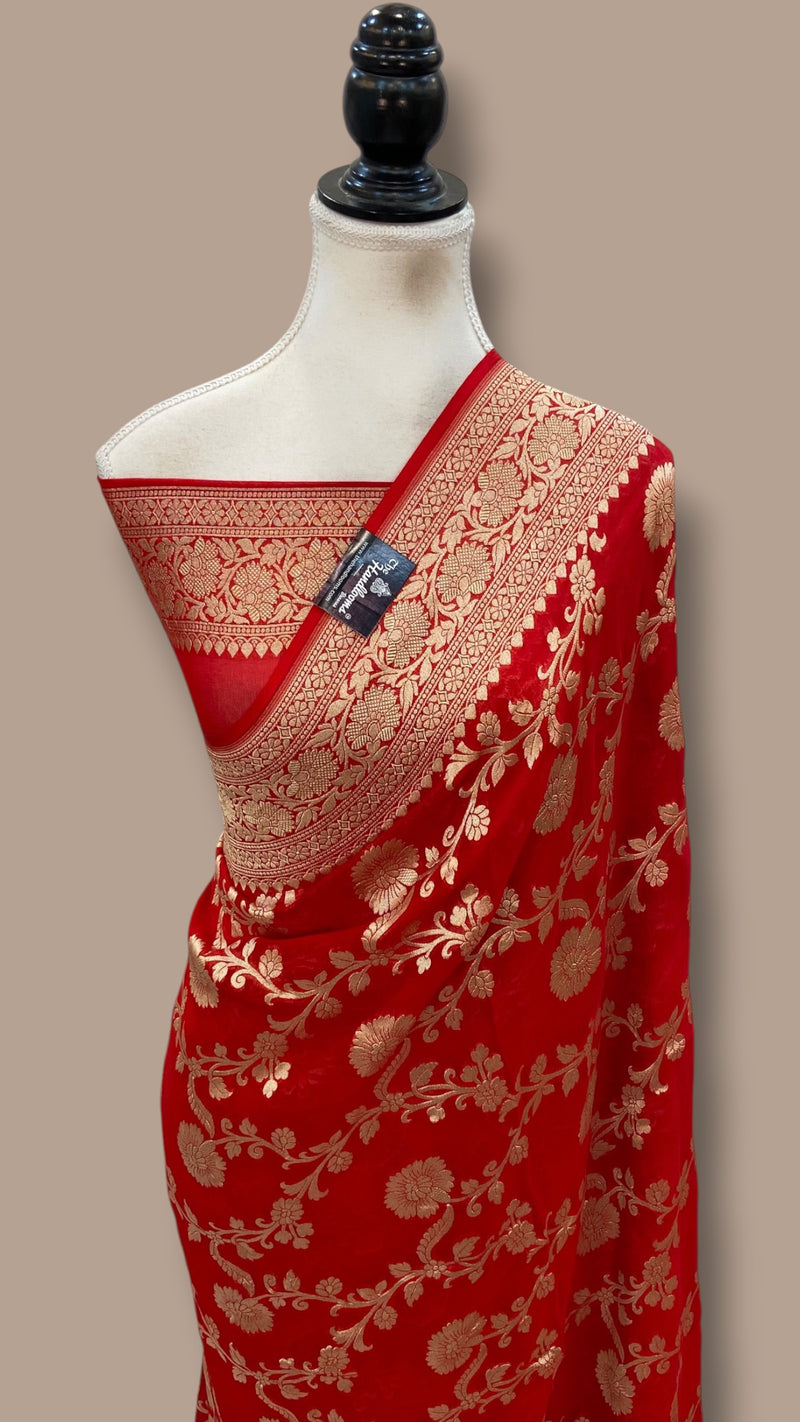 Pure Khaddi Georgette Handloom Banarasi Saree - Silver Zari